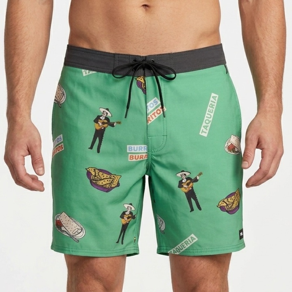 RVCA Hot Fudge Mariachi Taqueria Burrito Graphic Print Board Short Swim Trunk
